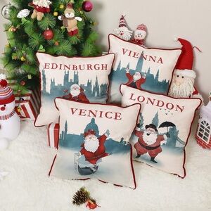 Set of 4 Festive Santa European City Holiday Pillow Covers 17.7” x 17.7”